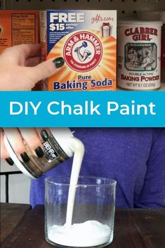 a person pouring milk into a glass with the words diy chalk paint on it