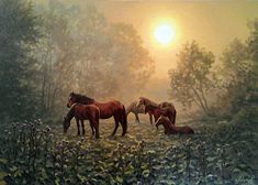 three horses are standing in the grass near some trees and bushes, with the sun shining behind them