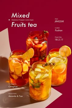 an advertisement for mixed fruits tea with oranges and strawberries in glasses on a table