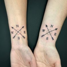 two wrist tattoos with arrows and words on each side of the wrists, both in black ink