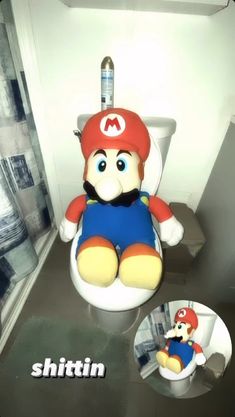 there is a stuffed animal that is sitting on the toilet seat and it looks like mario