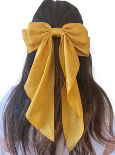 Long Satin Hair Bow Barrette Clip - satin bow- hand-knotted bow- french barrette clipDimensionsBow - 16" length; 9" widthBarrette - 3.5"MaterialsI'm carefully crafted from premium satin Satin Hair Bow, Yellow French, Bow Barrette, Cocktail Accessories, Claw Hair Clips, Velvet Hair, Hair Accessories Gift, French Barrette