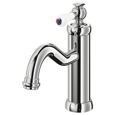 a chrome faucet with a red and blue button on the side, in front of a white background