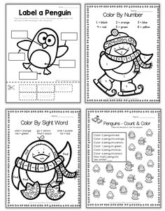 four different worksheets to help students learn how to write and color