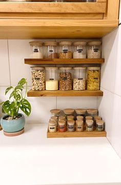 the shelves are filled with jars and containers for spices, nuts, and other things