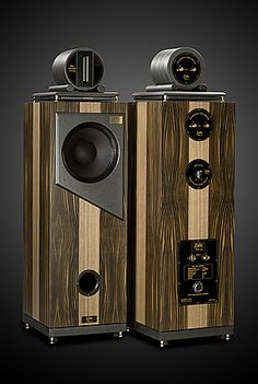 two speakers are shown side by side on a black background, one is made out of wood