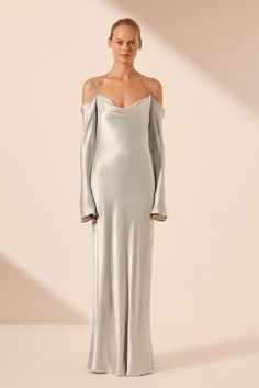 La Lune Off Shoulder Tie Maxi Dress | Silver | Dresses | Shona Joy Bridesmaid Pants, Silver Silk Dress, Shona Joy Dress, 70s Glamour, Silver Dresses, Tie Maxi Dress, Off Shoulder Maxi Dress, Dress Silver, Shona Joy