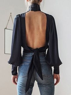 Navy Blue High Neck Open Back Puff Sleeve T-shirt | Choies Open Back Shirt, Backless Blouse, Back Shirt, Mode Inspo, T Shirt Diy, Outfits Casuales, Latest Fashion For Women, Black Top, High Collar