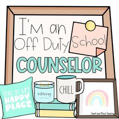 i'm an off duty school counselor and coffee mugs, books, and pillow