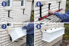 the instructions for how to install a window sealer on a brick wall with four different angles