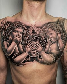 a man's chest with an angel and cherubs tattoo on his chest