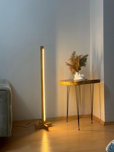 a small table with a plant on it next to a lamp in a living room