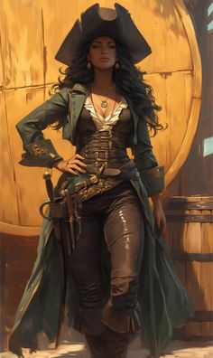 a painting of a woman dressed as a pirate in front of a barrel with her hands on her hips