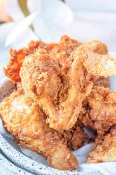 fried chicken in a bowl on a table