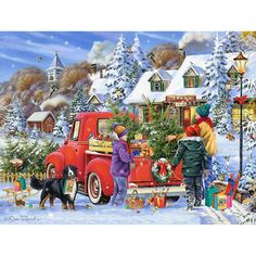 a painting of two people and a dog in front of a red truck with christmas trees