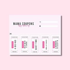 the coup sheet for mama coupons is shown on a pink background with black and white lettering