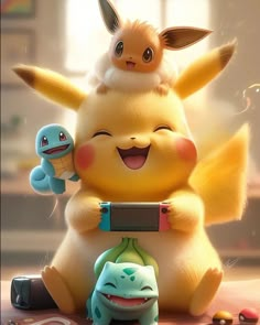 the pikachu and other pokemon characters are posed together