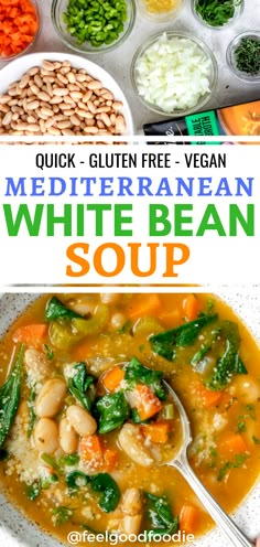 white bean soup in a bowl with spoons and bowls full of beans, spinach,