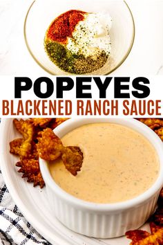 this is an image of black - eyed ranch sauce in a white bowl on a plate