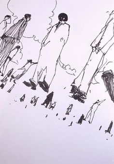 an ink drawing of people walking in the snow