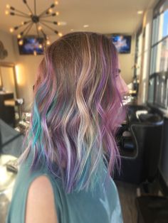 Purple And Blue Streaks In Blonde Hair, Purple And Turquoise Hair Highlights, Pink Purple Blue Hair Highlights Dark Brown, Pink And Blue Hair Highlights, Mermaid Highlights, Purple Teal Hair, Pink And Teal Hair, Pink And Blue Highlights, Blonde Hair With Purple Tips