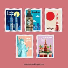 four stamps with different images of the world's famous buildings and landmarks on them