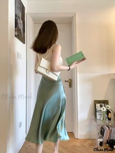 Olivia Mark - Satin High-Waisted Mermaid Skirt with Vintage Pearl Shine - Long Midi Skirt Light Green Skirt, Long Midi Skirt, Skirt Silk, Long Midi, Dress Stretch, Swimwear Sets, Vintage Pearl, Beach Swimwear, Mermaid Skirt