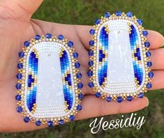 a pair of blue and white beaded earrings on someone's hand with grass in the background