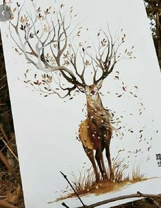 a painting of a deer standing in the woods