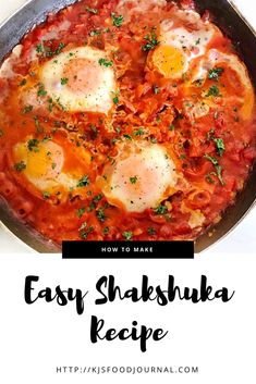 an easy shakshunka recipe with eggs and tomato sauce in a skillet