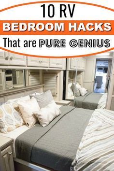 an rv bedroom with two beds and pillows on the bed, text overlay reads 10 creative storage ideas for an rv bedroom