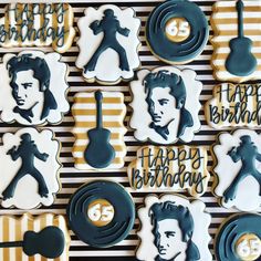 elvis presley birthday cookies on a striped tablecloth with black and white stripes in the background