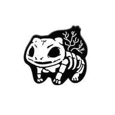 a black and white sticker with an image of a skeleton in the shape of a lizard