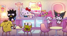 cartoon characters are sitting at a table in a cafe with hello kitty on the counter