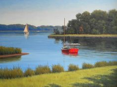 a painting of a boat on the water with trees in the background and grass around it