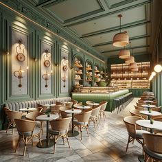 the interior of a restaurant with green walls and wooden tables, chairs, and shelves