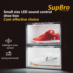 a pair of red and white shoes in a shoe box with the text, small size led sound control shoe box cost - effective choice