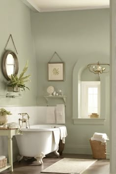 1) Interior design inspiration 
2) Sherwin Williams color palette 
3) Tranquil home decor 
4) Clary Sage 2024 paint color Sherwin Williams Room Ideas, Semi Gloss Bathroom Walls, Sherwin Williams Clary Sage Bedrooms, Pale Sage Green Bathroom, Creamy Green Paint Color, Sw Clary Sage Wall Colors, Clary Sage Bathroom Cabinets, Sherwin Williams Pale Green, Sherwin Williams Clary Sage Bathroom