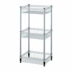 three tiered metal shelving unit with wheels on each side and two baskets on the bottom