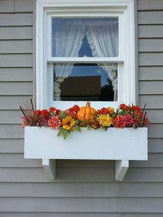 a window sill with flowers and pumpkins in the windowsill on a house