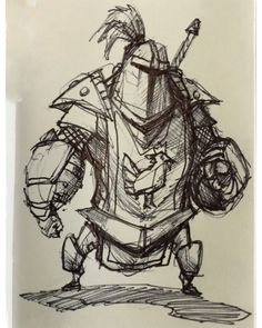 a drawing of a man in armor with two arms and legs, standing on one leg