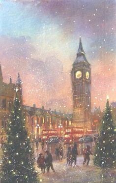 a painting of the big ben clock tower in london at christmas time with people walking around