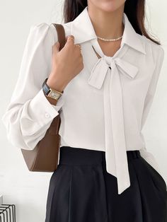 White Elegant Collar Long Sleeve Fabric Plain Top Embellished Non-Stretch  Women Clothing Outfit Rosa, Collar Ideas, Classic Blouse, Lantern Sleeved Blouses, Women Trousers, Blouse Sale, Simple Blouse, Puff Long Sleeves, Tie Neck Blouse