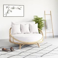 a white couch sitting on top of a rug in a living room next to a plant