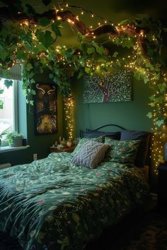 a bed covered in lots of green leaves next to a window with lights on it