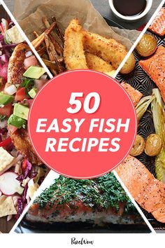 the cover of 50 easy fish recipes is shown in four different pictures, including salmon and vegetables