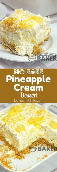 no bake pineapple cream dessert on a white plate