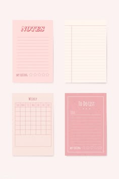 four notepads with pink and red writing on the front, one has a to do list