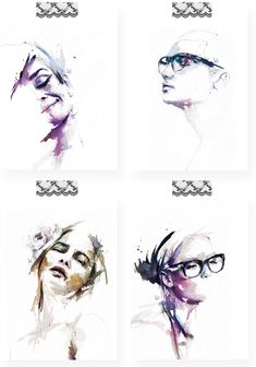 four different images of a woman's face with glasses on her head and hair blowing in the wind