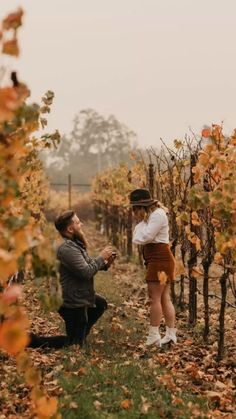 a man kneeling down next to a woman in a field full of trees and leaves